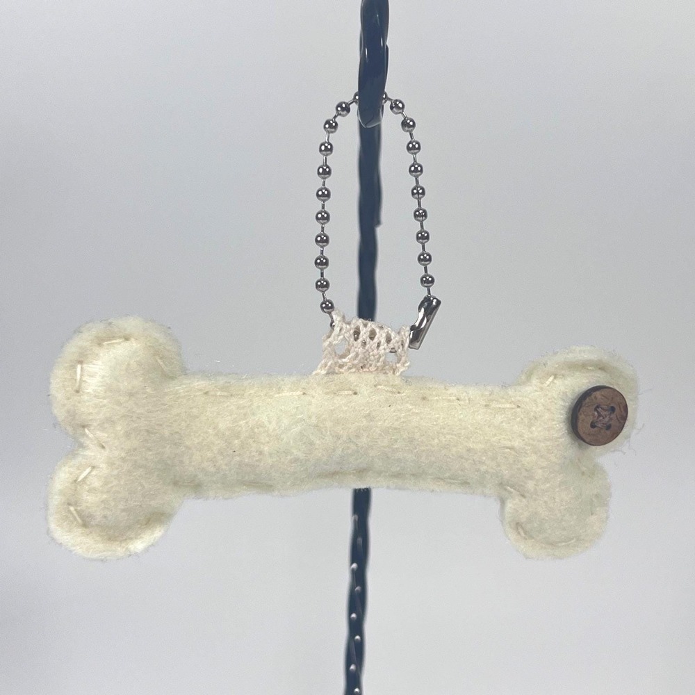 Handmade Felt Dog Bone Keychain‎ Cream Stitched Bag Charm Fob with Wood Button